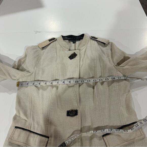 Lafayette 148 Linen Blend Cream Faux Leather Trim Long Sleeve Blazer Jacket 10‎ - Picture 9 of 10